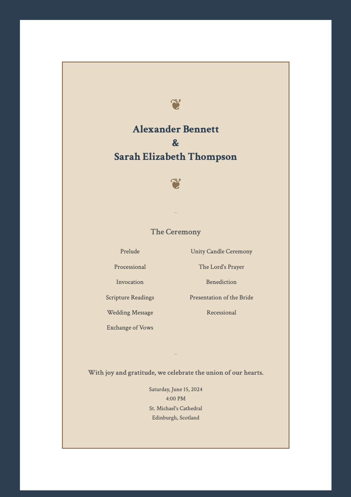 Elegant wedding ceremony program with gold accents and classic typography_variant_2